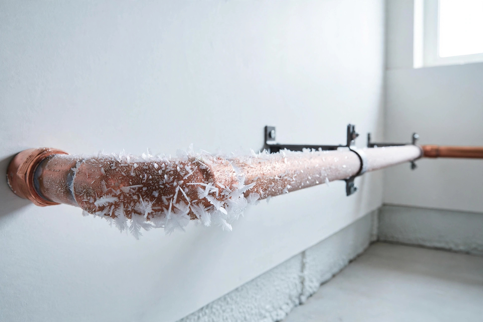 Frost-covered copper water pipe in a bright home interior