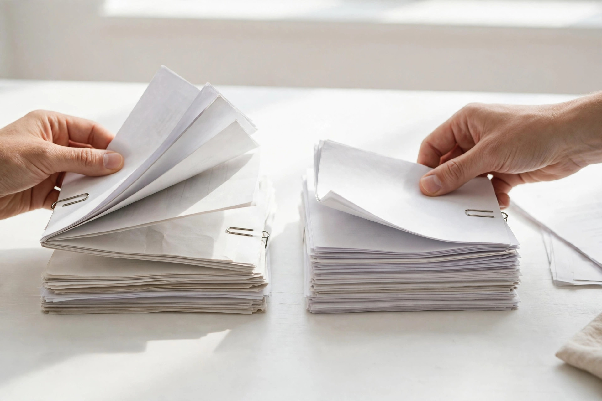 Hands weighing two options on a desk with insurance documents, clean editorial photography