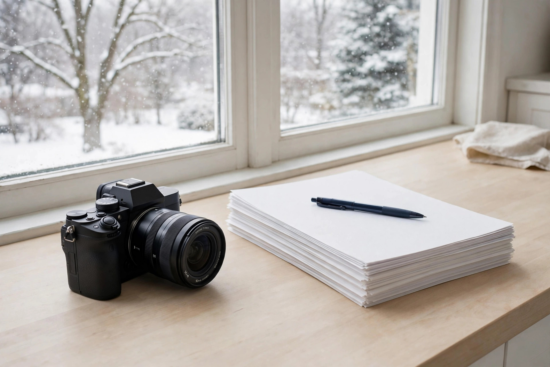 Camera and a stack of documents with a pen on a table by a snowy window