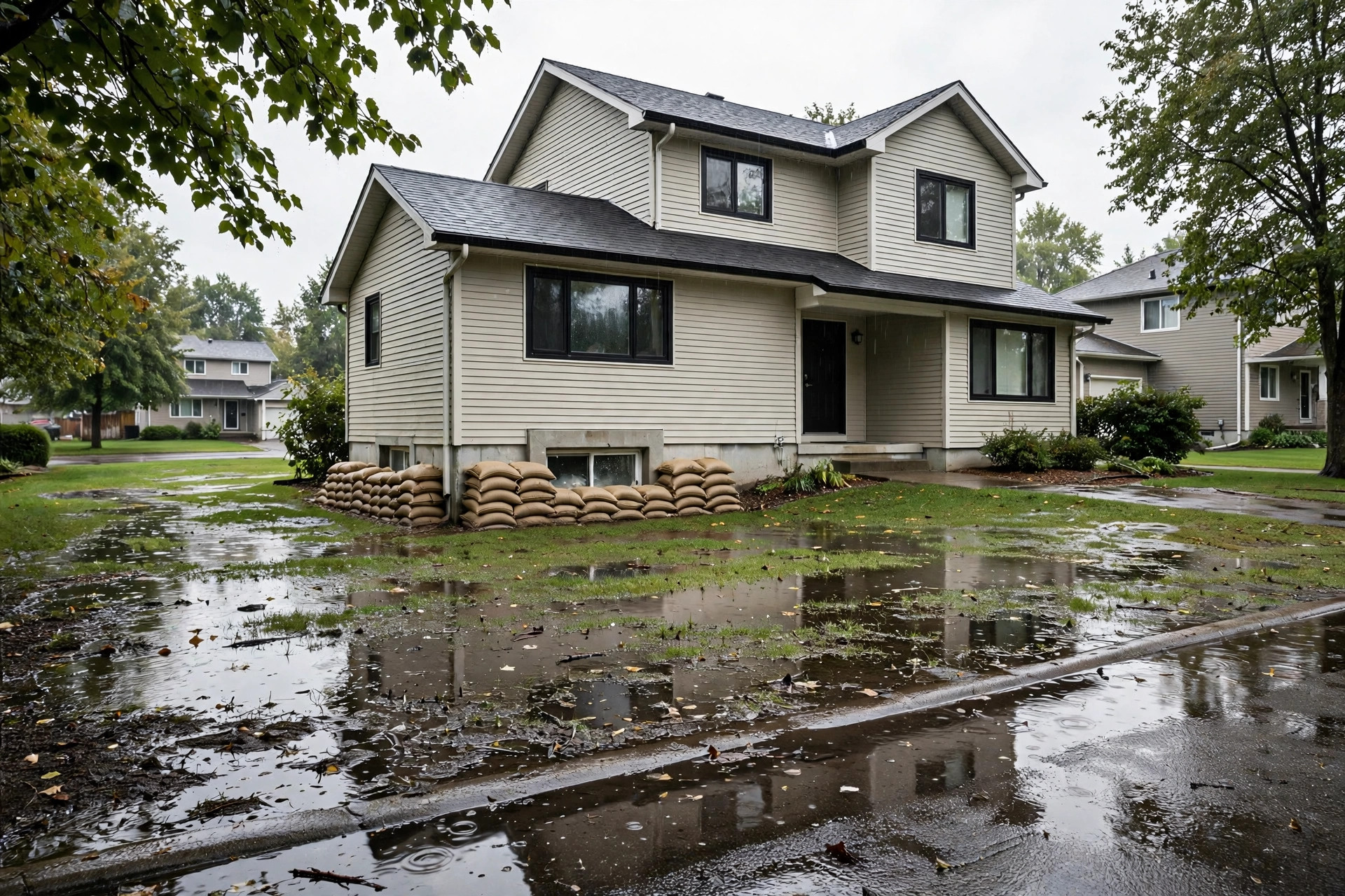 A house after heavy rain with water pooled on the lawn and street and sandbags at the basement windows