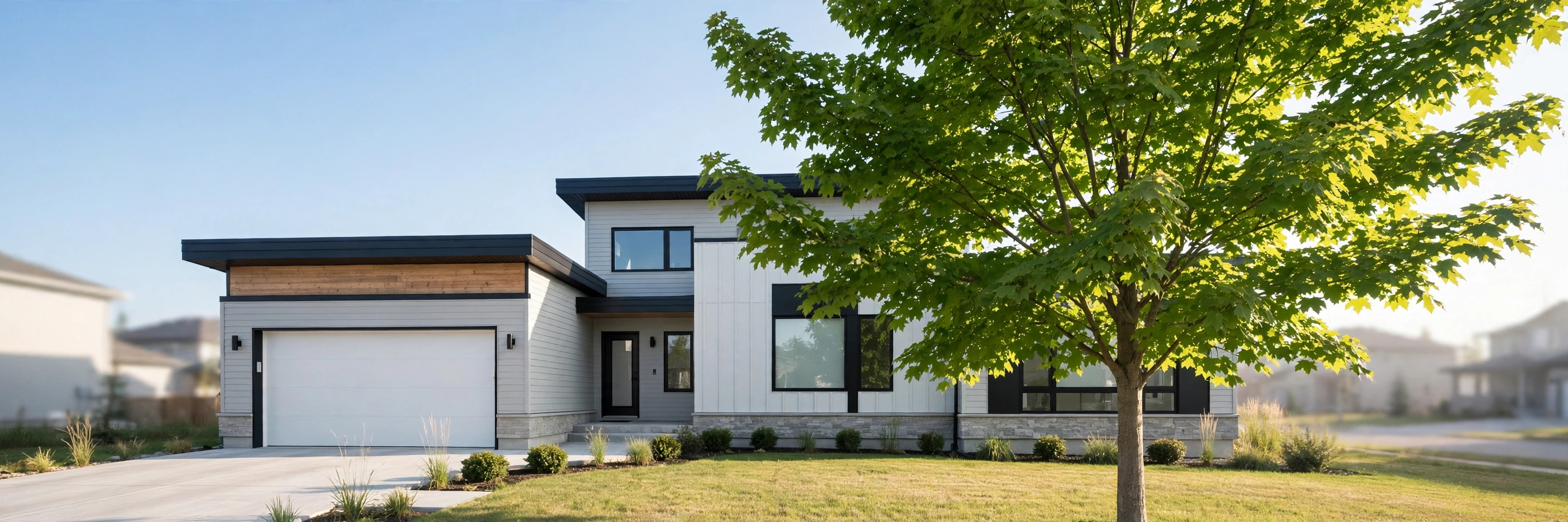 A Canadian suburban home on a bright morning, clean editorial photography