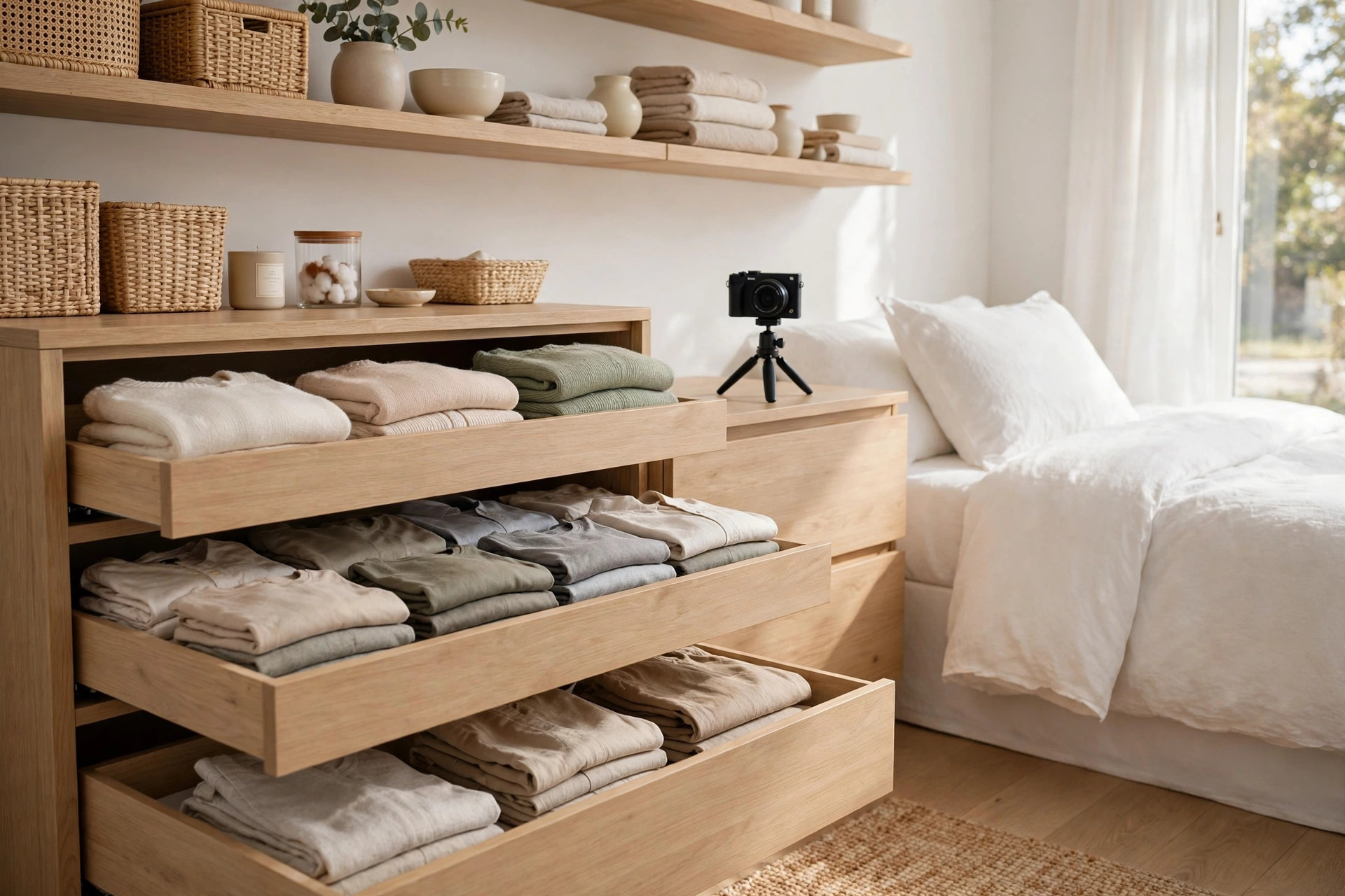 Open dresser drawers with folded clothing, shelves of household items and a camera on a tripod in a bright bedroom