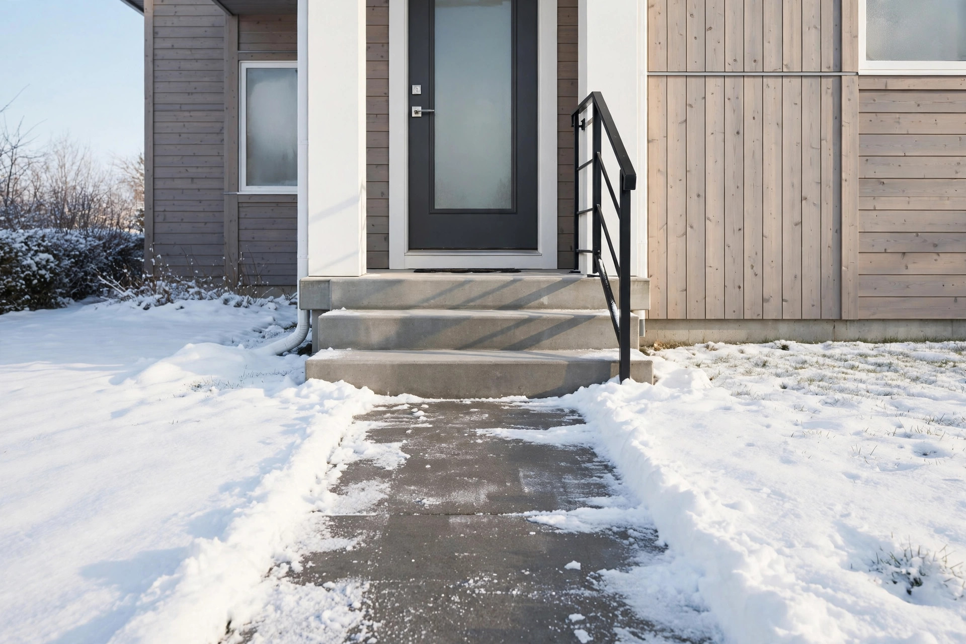 Cleared front steps with a handrail and a shovelled walkway at a home on a bright winter morning