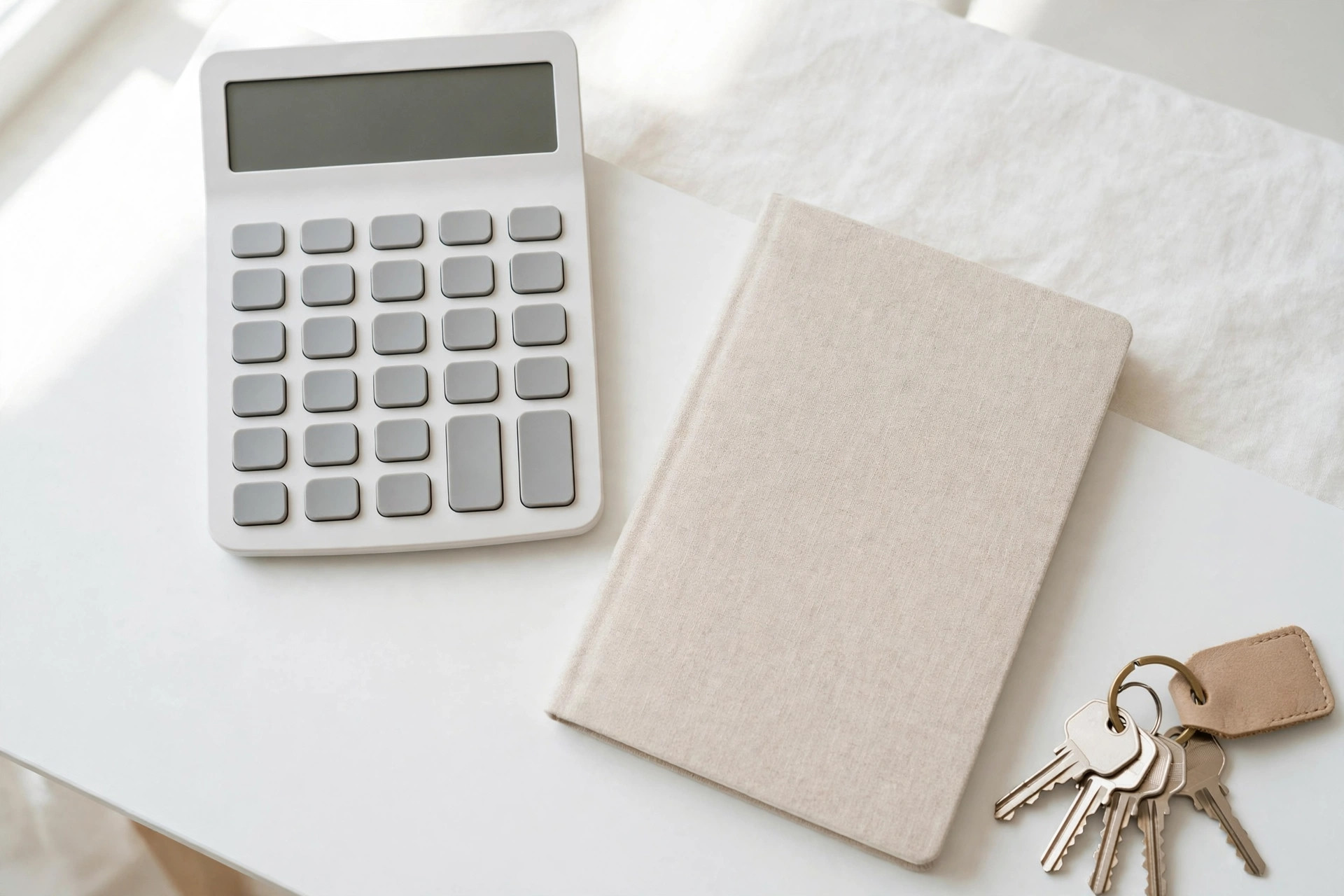 Calculator and notebook beside house keys, clean editorial photography