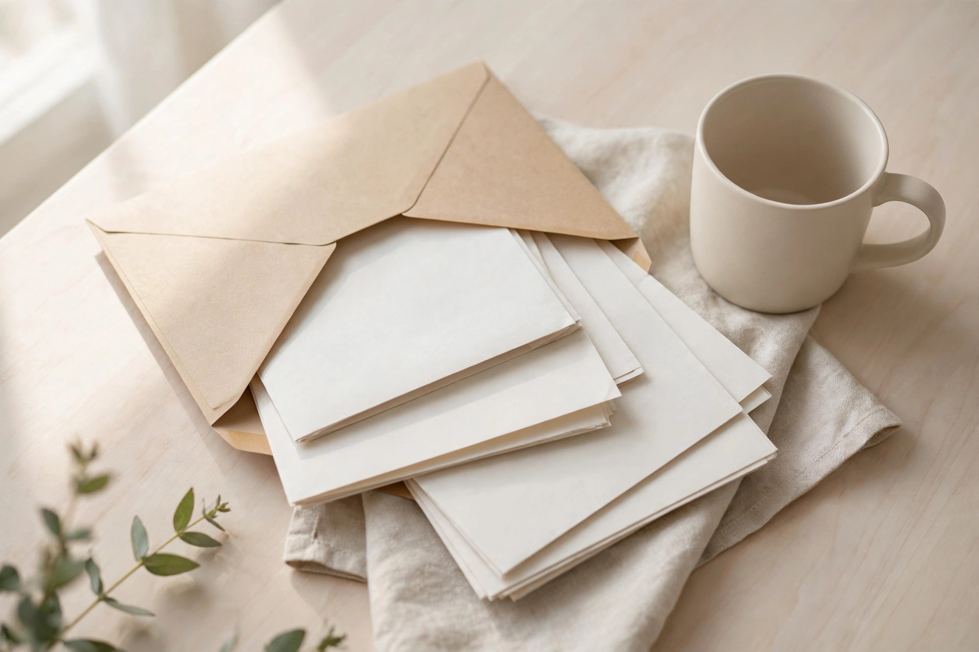 An open envelope with renewal documents on a kitchen table, clean editorial photography