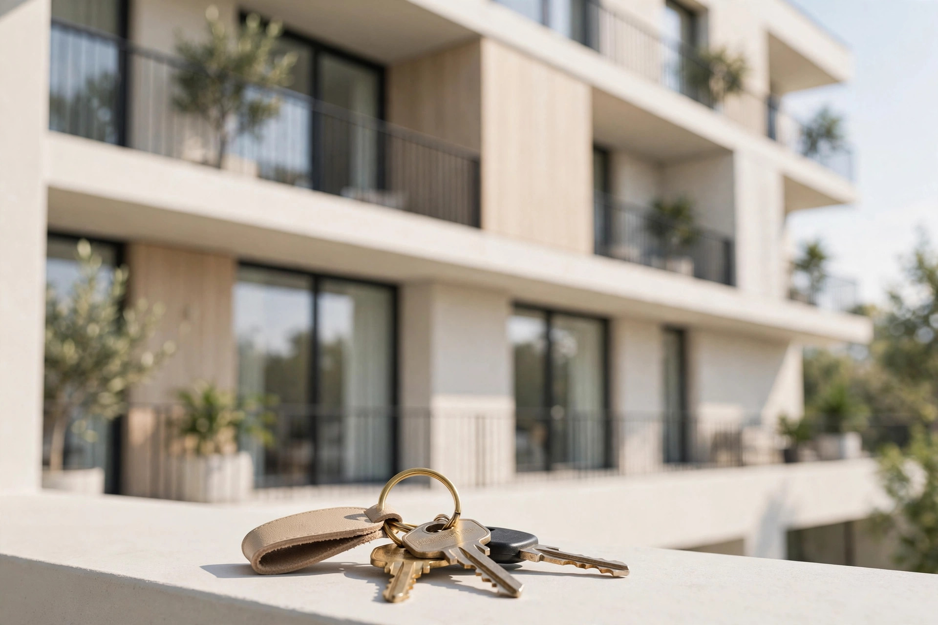 An apartment building and a condo key, clean editorial photography