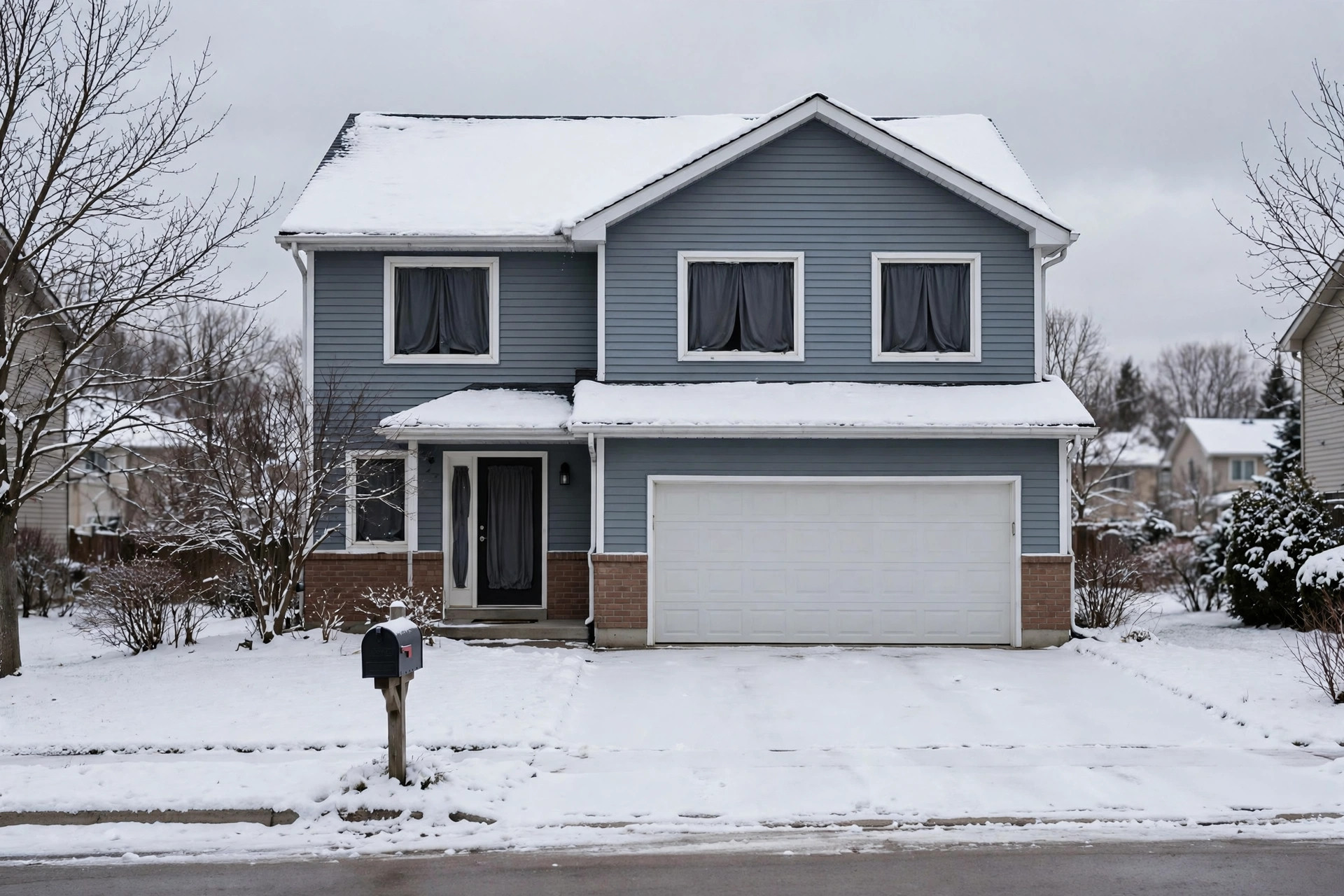 Snow-covered two-storey house with drawn curtains and a mailbox at the curb on a quiet winter street