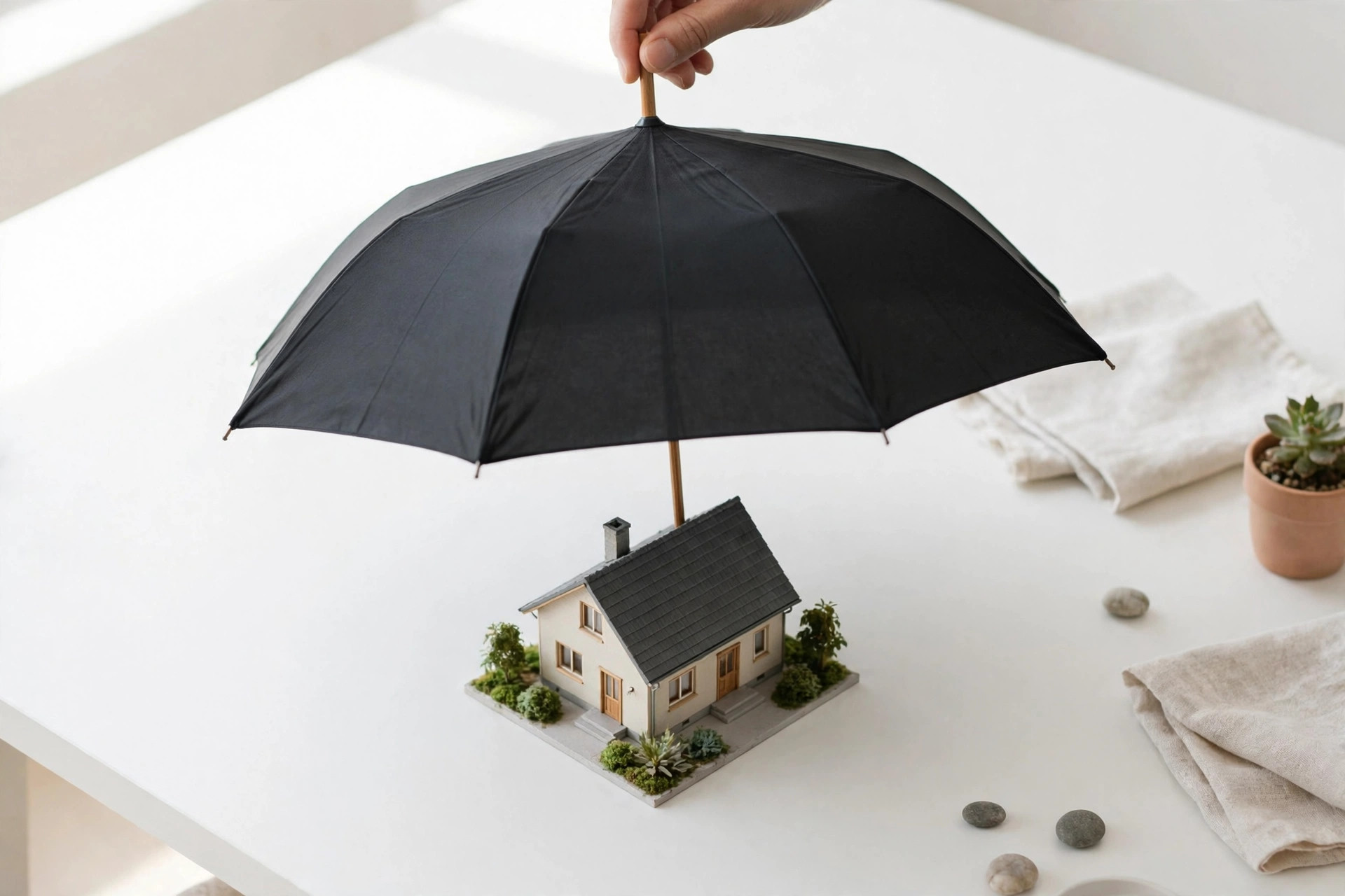 A house with an umbrella above it, clean editorial photography