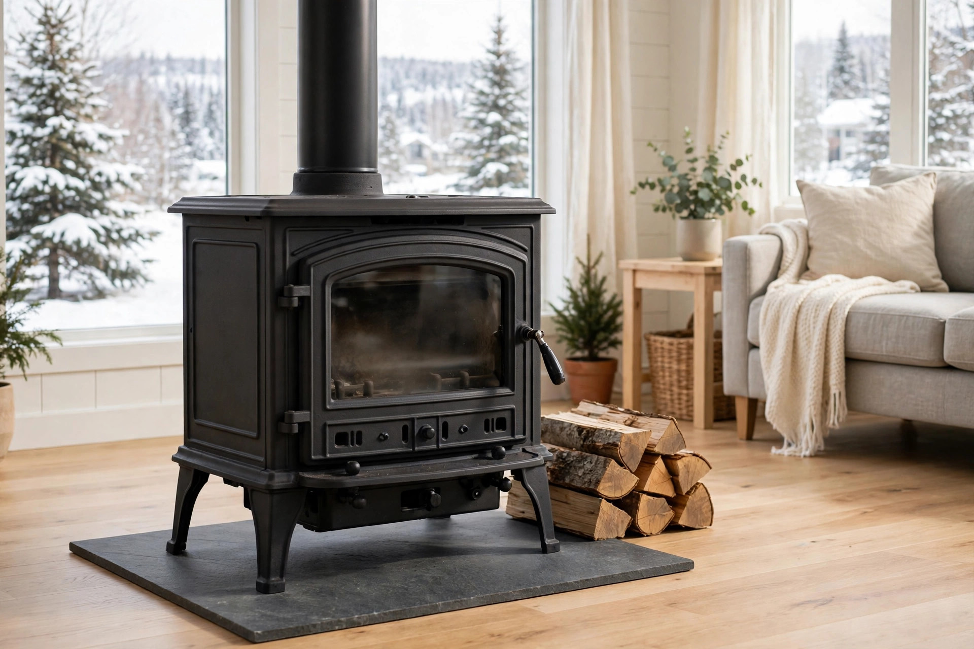 Black cast-iron wood stove on a slate floor pad with a stack of firewood beside it, snowy trees outside the window